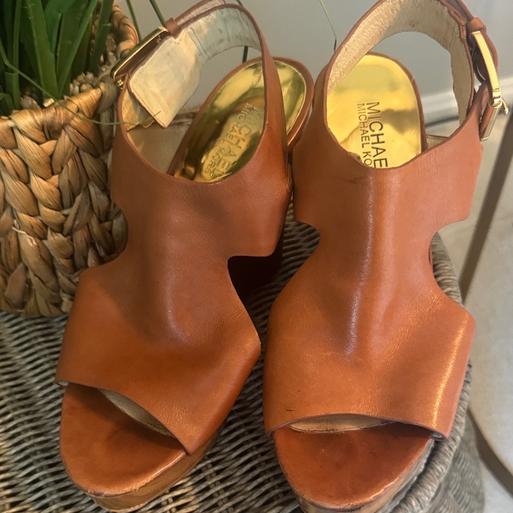 Michael Kors Brown Leather Wedge Sandals